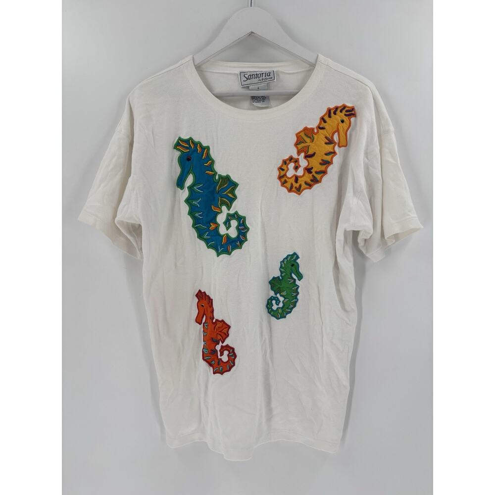Santoria Vintage T Shirt Womens Small White Seahorses Beaded 90s Embroidered